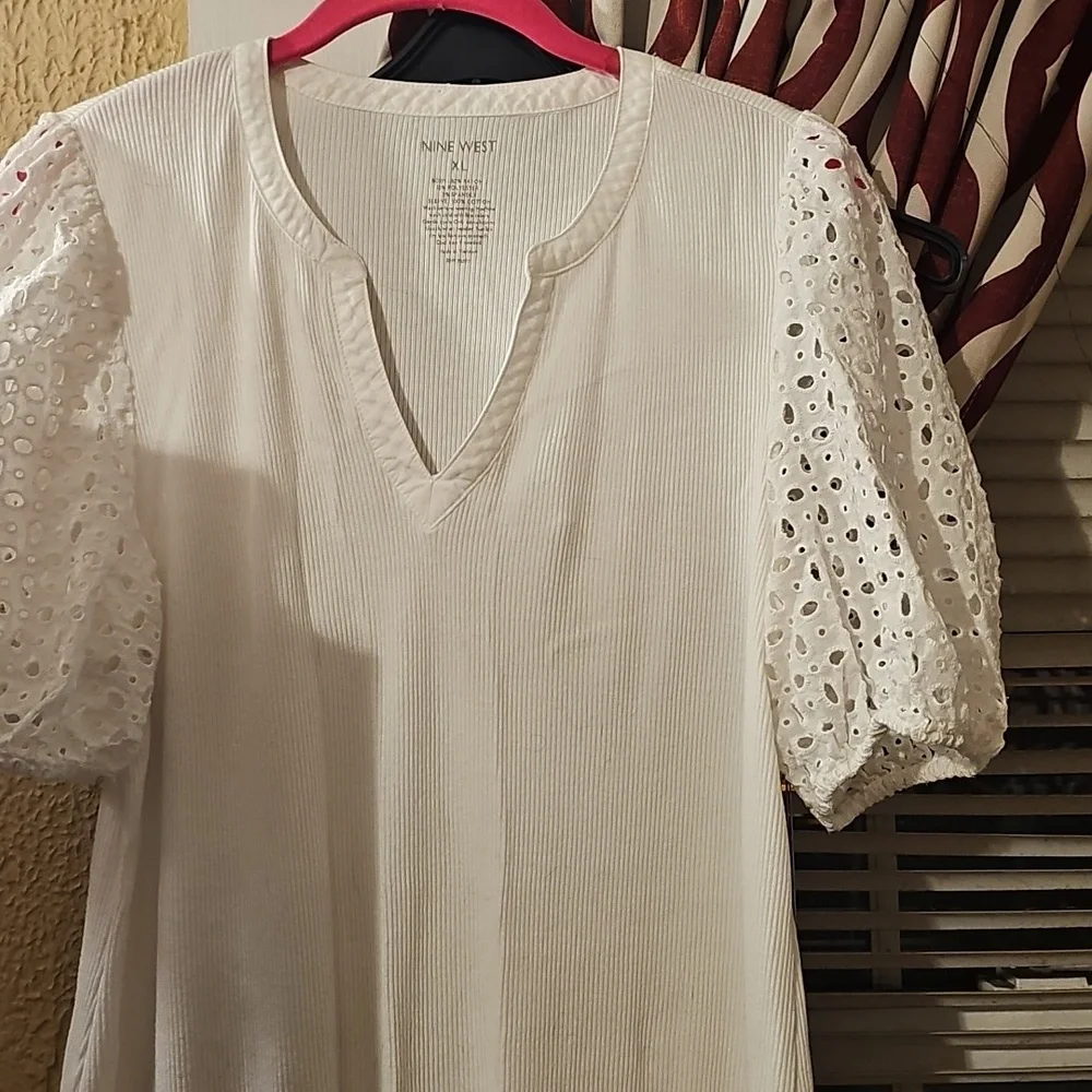 Nine West White Puff Sleeve Ruffled Blouse - Picture 3 of 8